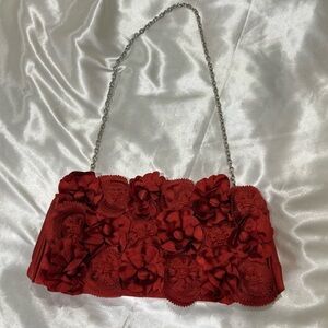 Vintage Sondra Robert’s Floral Satin Clutch Bag Red Elegant Coquette Romantic